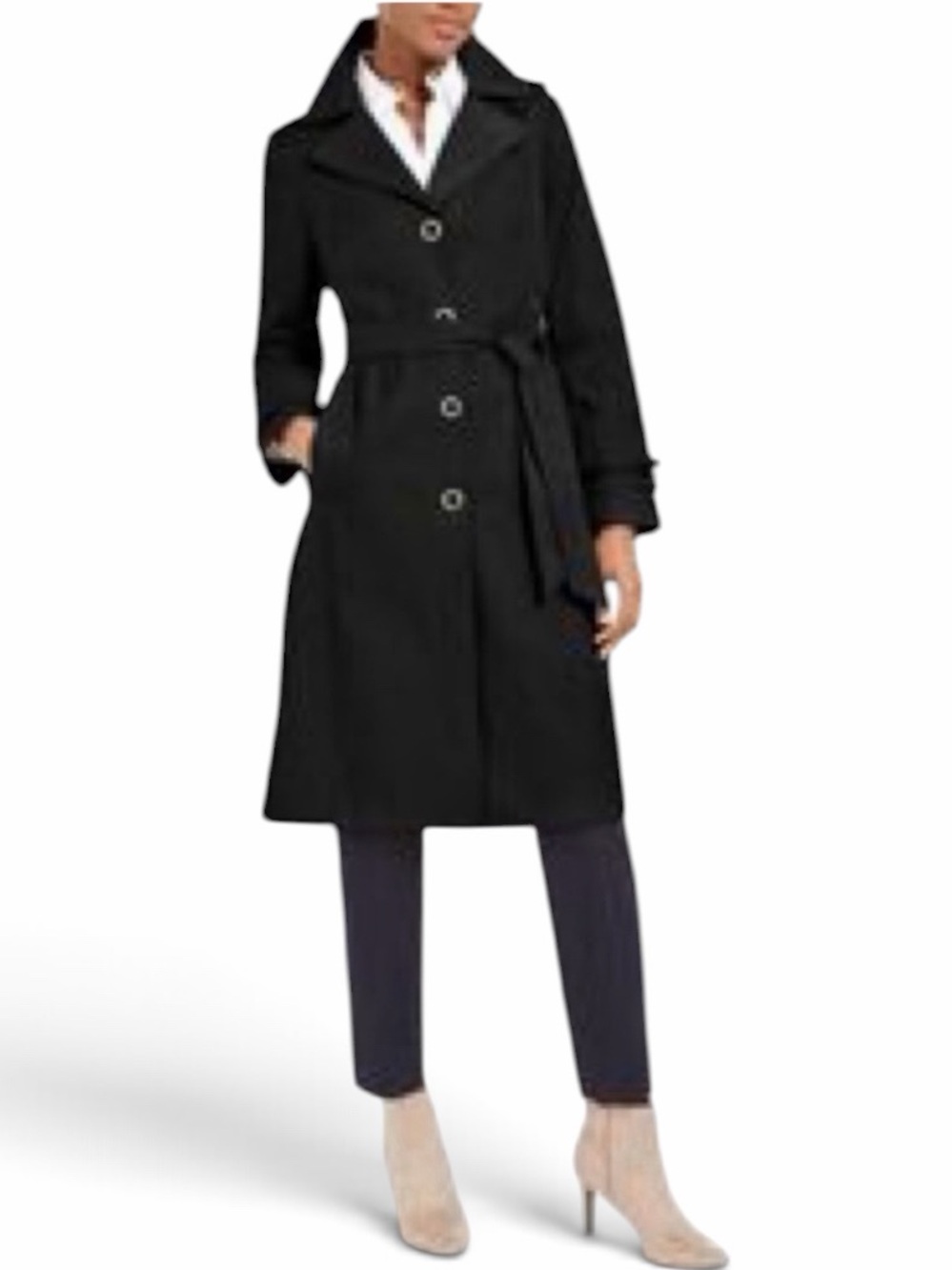 Anne Klein Black Single Breasted Belted Trench Coat w/Removable Hood Size Medium
